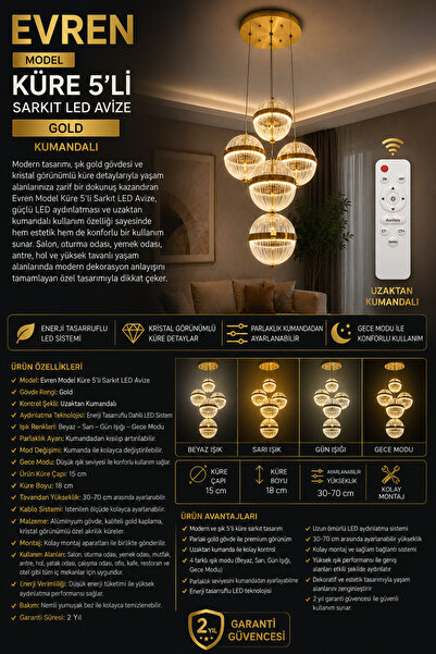 Genel Markalar Evren Model 5'li Küre Sarkıt Gold LED Avize - 4 Renk Aydınlatm...