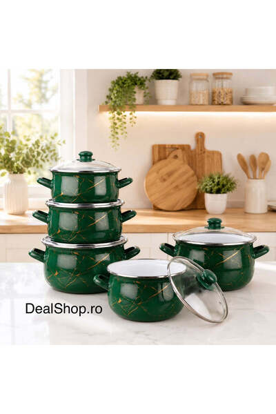 dealshopromania Set of 5 enameled Green Marble saucepans with glass lids, 10 ...