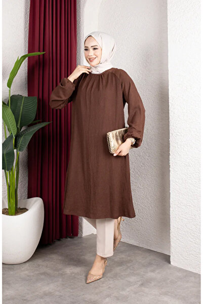 sefamerve Bürümcük Kumaş Reglan Kol Uzun Tunik 0902-07 Açık Kahve