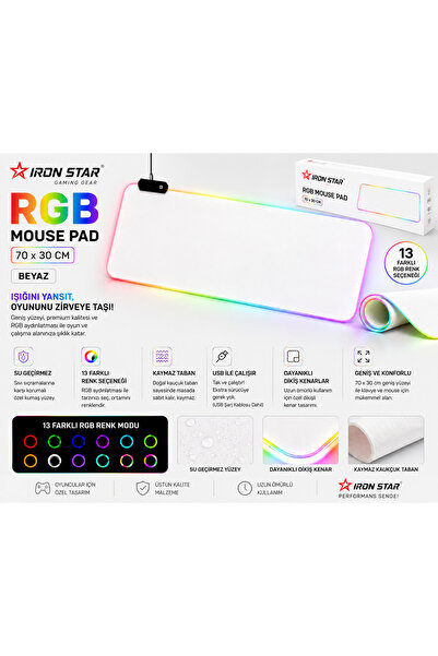 IRONSTAR RGB Oyuncu Mouse Pad 70x30 cm LED Işıklı Su Geçirmez Kaymaz Taban 13...