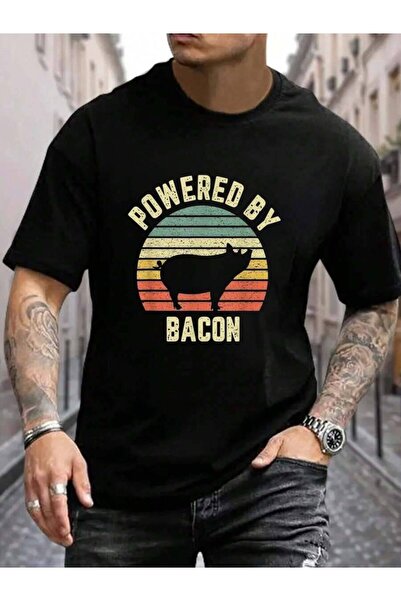 NOURAM قميص رجالي أسود 100% قطن بطباعة "Funny Powered By Bacon" هدية للرجال ا...