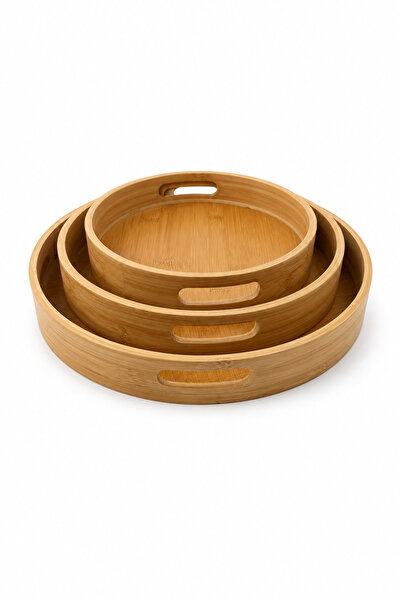 NATUREL DEKOR Set of 3 Round Trays with Bamboo Handles - Decorative, Bohemian...