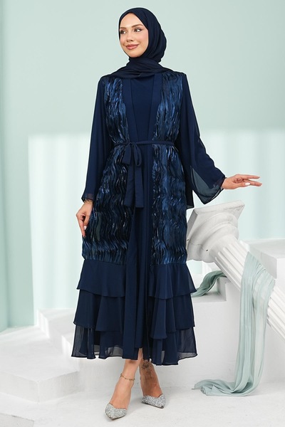İmajButik Lacivert Eteği Katlı Fırfırlı İkili Abaya Takım