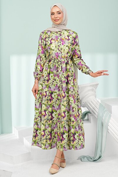 İmajButik Rochie verde cu mâneci cu jumătate de nasture și fustă elastică în ...
