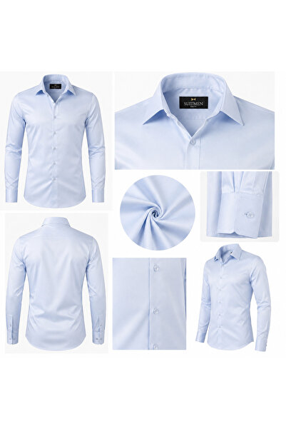 BYMEN ERKEK GİYİM Erkek Buz Mavisi Slim Fit Saten Parlak Klasik Uzun Kollu Gö...