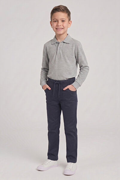 nacar çarşı Boy's Gray Long Sleeve Polo Collar T-Shirt Navy Blue Ribbed Waist...