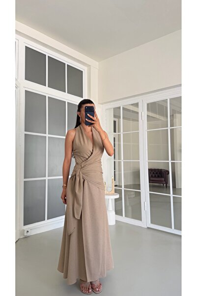 GAUS CO Vizon Halter Yaka Bağlama Detaylı Premium Keten Elbise GAUS-01672