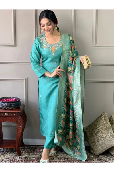 MYSMAR Teal Silk Blend Embroidered Kurta Set with Dupatta - TRT1204 | Blue-Si...