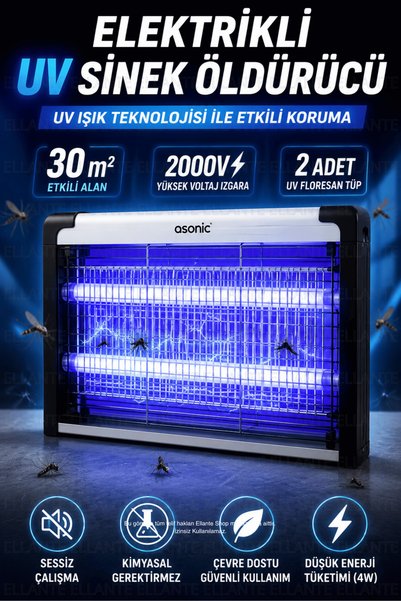ellante ASONIC Elektrikli UV Sinek Öldürücü Cihaz 2000V Yüksek Voltajlı 4W 2 UV Floresan Tüplü Sessiz Çalışm