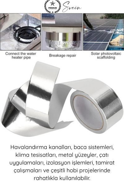 Svein #AlüminyumBant Alüminyum Bant Akrilik Folyo Isı Dayanıklı Havalandırma Kanalı Boru Sızdırmazlık Tamir Bandı Metalik 30 Mikron 48mm 10 Metre Nem Buhar Alev Dirençli İzolasyon Onarım Yalıtım