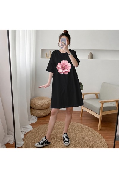classy moda Γυναικείο μπλουζάκι με ροζ φλοράλ στάμπα, εξαιρετικά μακρύ και υπ...