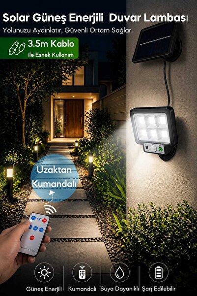 TechnoSmart 72 COB LED Solar ve USB Şarjlı Sensörlü Kumandalı Split Duvar Lam...