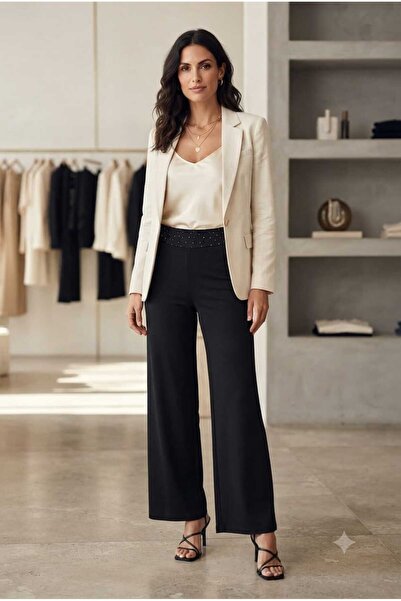 WOHOME Women's Stone Detailed High Waist Wide Leg Knitted Trousers
