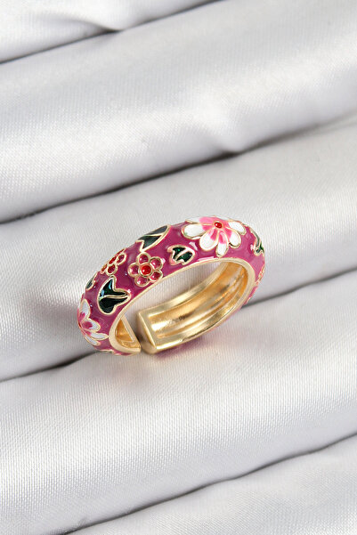 Mega Bazaar Brass Fuchsia Enamel Flower Motif Gold Color Adjustable Women's Ring