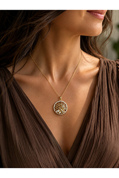 QUEENELA Bee Honeycomb Patterned Zircon Stone Gold Color Women's Necklace – S...