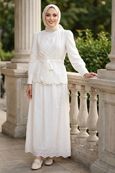 Neva Style Drapeli Belted Fisto White Hijab Double Set 50071B