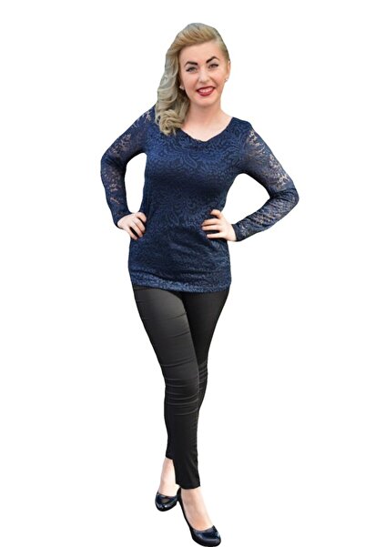 OEM Bluza clasica, nuanta de bleumarin, din dantela cu motive florale