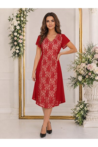 OEM Rochie rafinata, nuanta marsala, decolteu in V, dantela fina