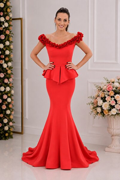 OEM Rochie deosebita de seara, rosie, tip sirena cu peplum in talie