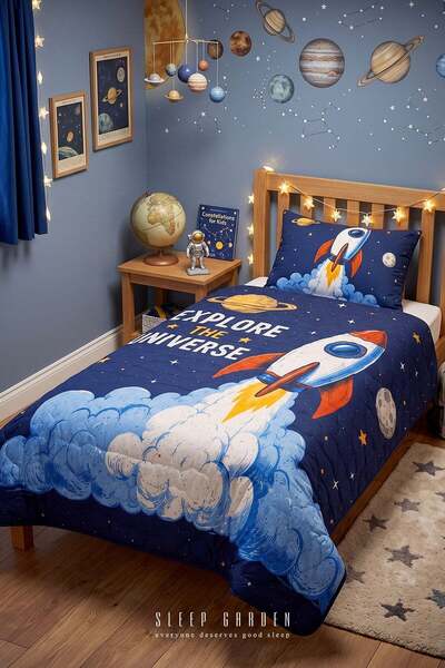 Sleep Garden طقم مفرش سرير للأطفال مفرد بنمط صاروخ فضائي مبطن مقاس 160x220 سم