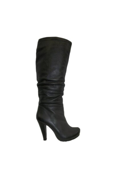 OEM Cizma feminina cu toc inalt, stabil, cu fronseuri, negra, bej