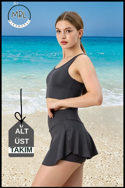 missmaral Kadın Antrasit Şortlu Mayo Takımı İçten Boxerlı 2 Katmanlı Cepli Göğüs Pedli Toparlayıcı