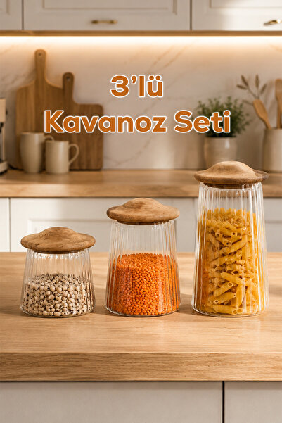 Porsima Mushroom Bambu Vakumlu Kapaklı Yuvarlak Borosilikat Cam 3lü Kavanoz S...