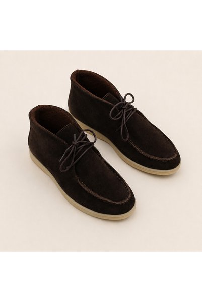 a ayak&kabım official Genuine Leather Brown Suede Women's Boots Lace-Up Warm Lined Rubber Sole