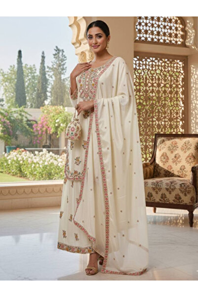 MYSMAR White Heavy Chinon Silk Embroidered Palazzo Suit Set - FFT7486 | White...