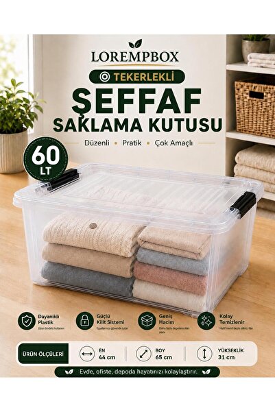 LOREMPBOX 60 LT Tekerlekli Şeffaf Saklama Kutusu | Kilitli Kapaklı Plastik Dü...