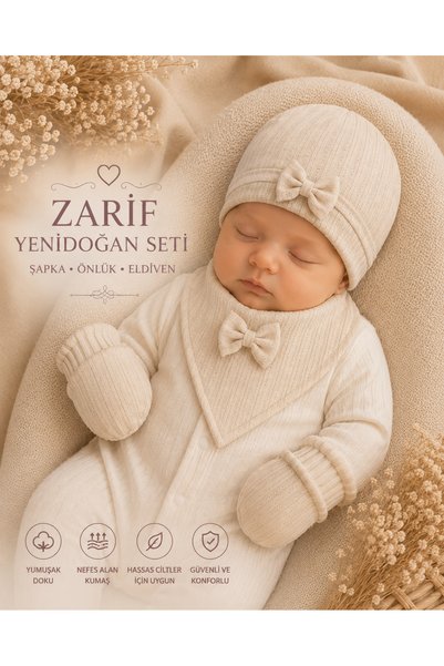 By Serpil Şener Yenidoğan Şapka Önlük Eldiven Seti- Bej rengi %100 pamuklu