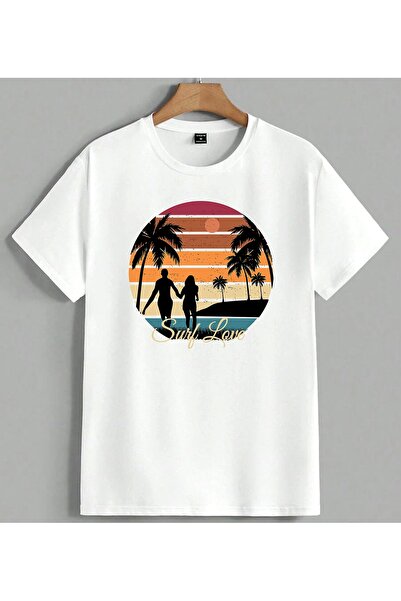 ELFERA تي شيرت Surf Love Beach Sunset مطبوع للجنسين مقاس كبير باللون الأبيض