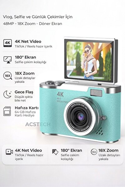 ACSTECH 4K Dijital Fotoğraf Makinesi 48MP Flip Ekran 18X Zoom Flaşlı 64GB Hed...