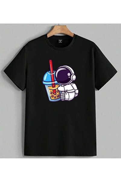 ELFERA Alien Drink Boba Tea T-shirt sa printom, unisex, velika veličina, crna
