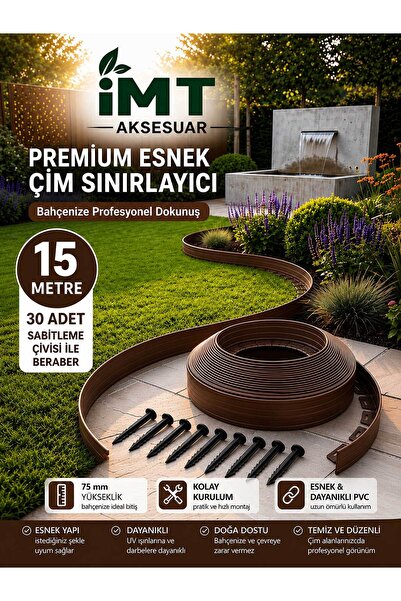İMT AKSESUAR Esnek PVC Çim Ayırıcı Bahçe Peysaj Düzenleyici (15 Metre Kahvere...