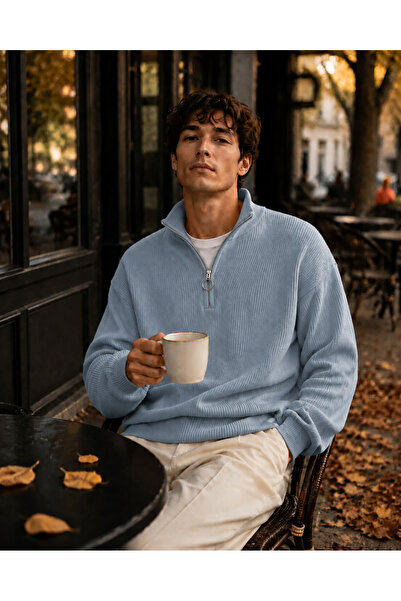 oneoff Men's Premium Half-Zip Ribbed Knit Sweater
