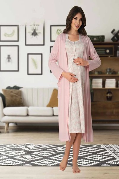 Effortt Dvina Maternity Dressing Gown and Patterned Short-Sleeved Nightgown -...