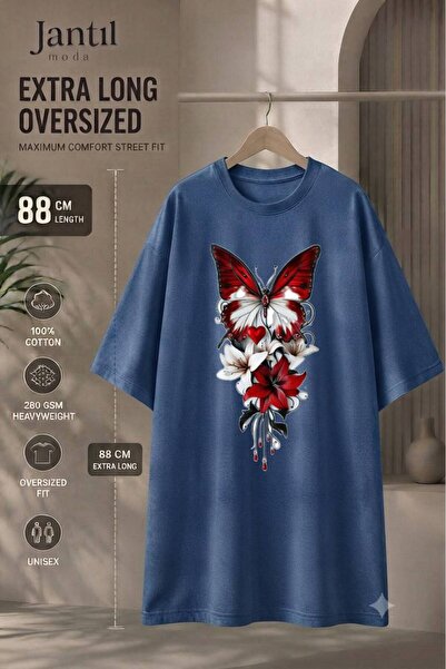 JANTIL MODA Crew Neck Butterfly and Floral Composition Printed Extra Long Ove...