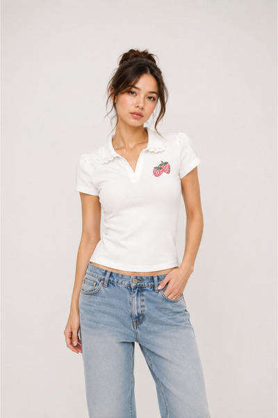 None Wear White Strawberry Lace Collar Detailed Y2K Short Sleeve Crop
