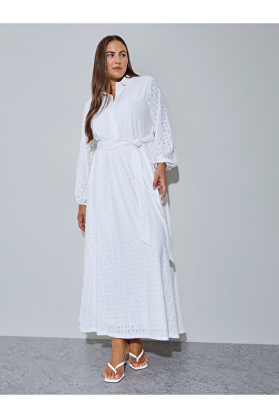 Styli Plus Size White Eyelet Details Shirt Maxi Dress