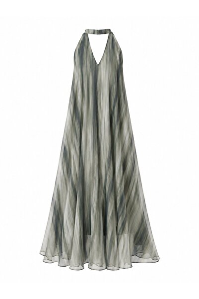 Laluvia Green Halter Neck Long Dress with Pockets - 261114
