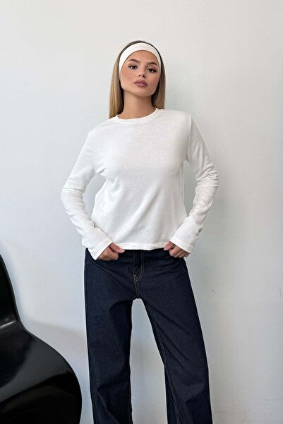 GİYSA Femei Bicycle Collar Uzun Kolu Basic Sweatshirt White - MS0001428