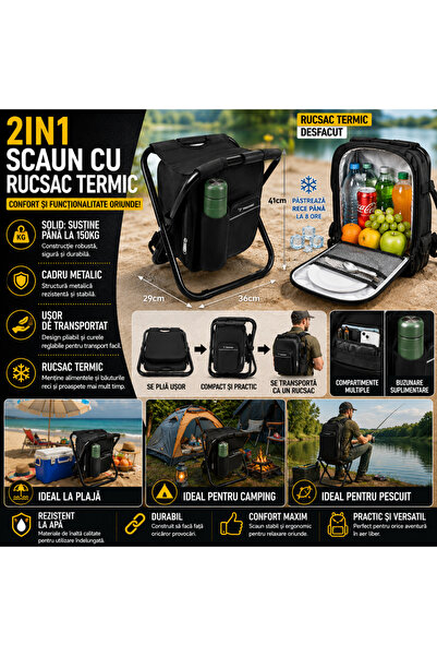 SMARTECH Scaun de pescuit 3-în-1 cu rucsac termoizolant, sarcină maximă 150KG...