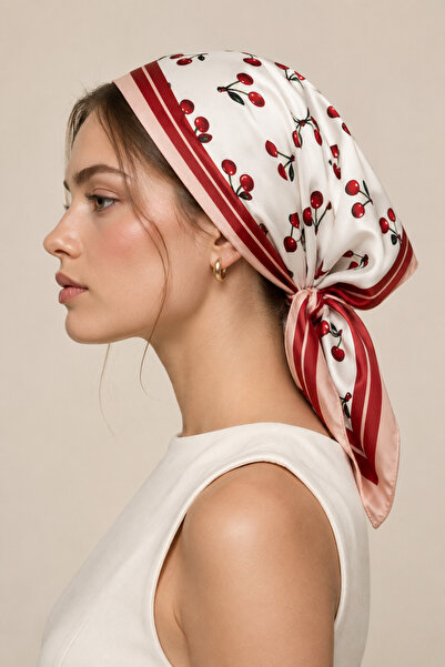 Sehlen Kadın Kiraz Desenli Saten Fular Bandana 56x56 cm - Somon Bordo