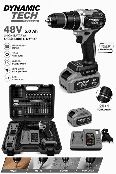 DynamicTech Profesyonel 48V 5.0Ah Kömürsüz Akülü Darbeli Matkap 2 Akü Şarj Cihazı ve Çantalı Set