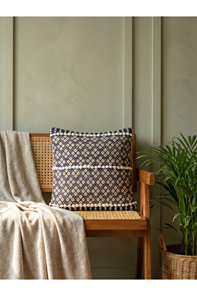 Sanskrutihomes By Styli Blue Geo Embroidered Square Cushion Cover with Pom-Po...