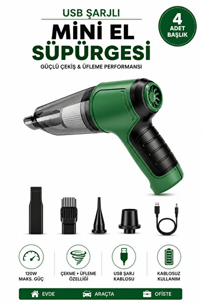 Alıç Araç Süpürgesi USB Şarjlı Mini El Süpürgesi Kablosuz Şarjlı Çekme ve Üfl...