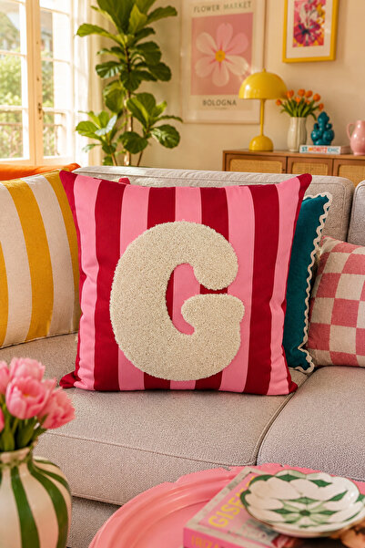Pilloveland Punch Embroidered Cushion Cover - 43*43 cm - Pink Letter g - Pnk001