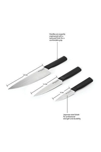 Kitchenaid 3-Piece Japanese Knife Set – High-Carbon Japanese Steel Chef, Utility & Paring Knives with Black Handles & Blade Covers