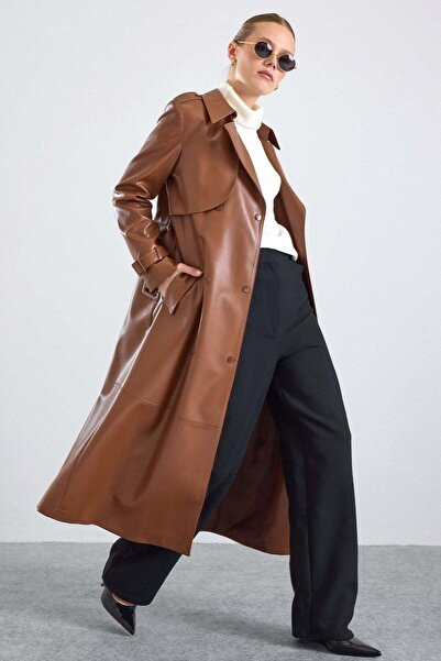 Olcay Leather Trench Coat with Cape Detail and Snap Closure Taba 6875